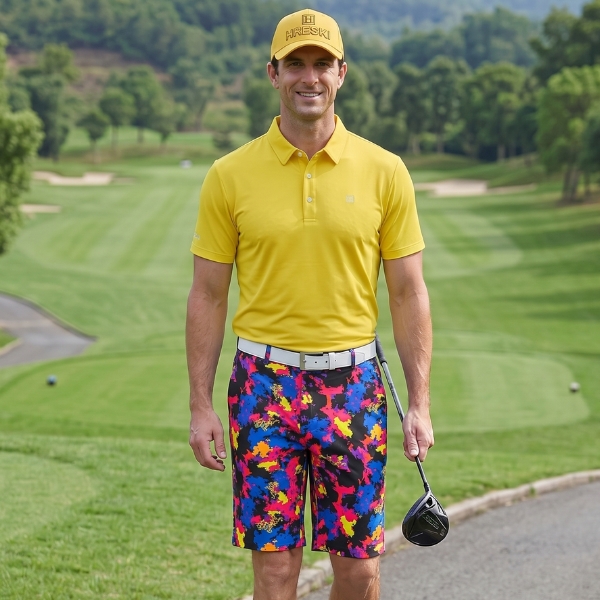 Blue, Pink, Yellow and Black Smears Painting Golf Shorts - Hreski 171 - Image 2
