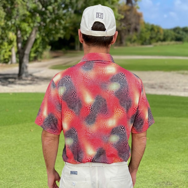 Abstract Circles on Red and Black Uneven Background Golf Shirt - Hreski 134 - Image 9