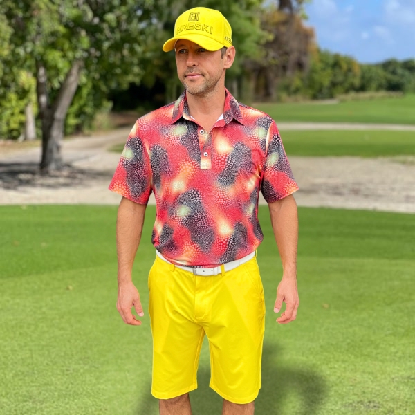 Abstract Circles on Red and Black Uneven Background Golf Shirt - Hreski 134 - Image 4