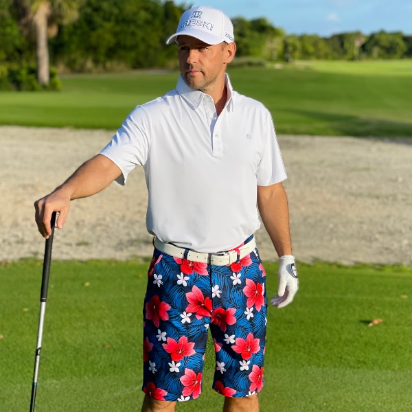 Red Hibiscus Flowers on Blue Palm Leaves Background Golf Shorts ...