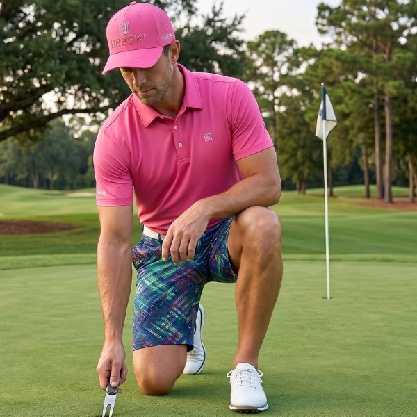 Alternative view of Multi-Colored Dotted Stripes on Green Themed Background Golf Shorts - Hreski 194