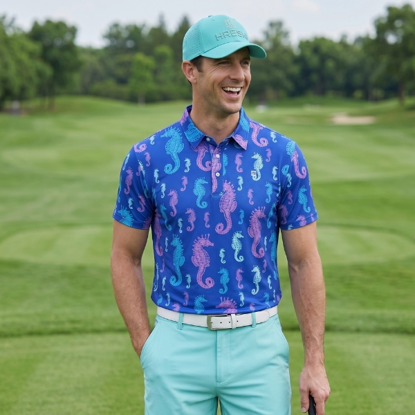 Pink and Blue Seahorses on Blue Background Golf Shirt - Hreski 198 - Image 2