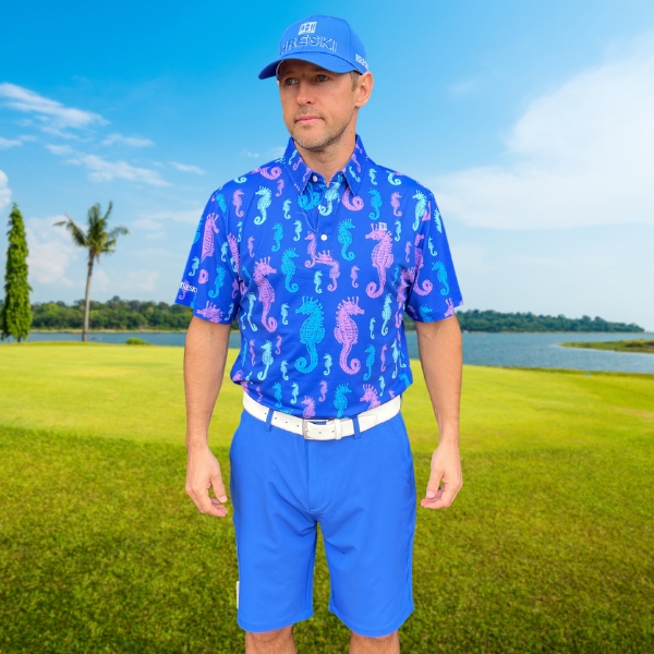 Alternative view of Pink and Blue Seahorses on Blue Background Golf Shirt - Hreski 198