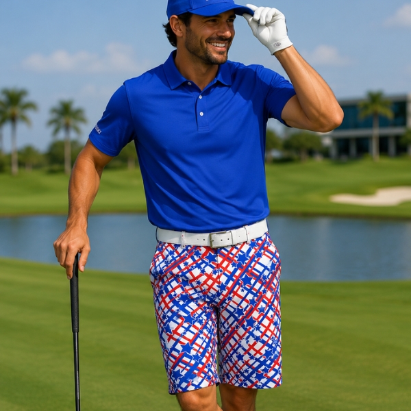 Blue Stars over Red and Blue Lines on White Background Golf Shorts - Hreski 203 - Image 2