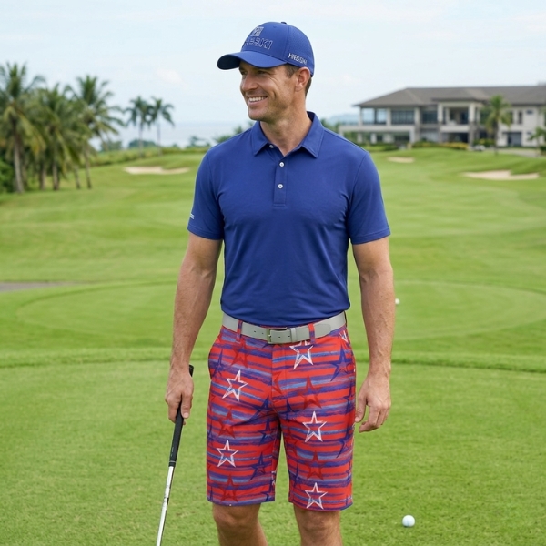 Red, Blue and White Stars over Blue Brushstrokes on Red Background Golf Shorts - Hreski 204 - Image 4