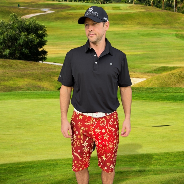 Golden Christmas Ornaments on Red Background Golf Shorts - Hreski 207 - Image 9