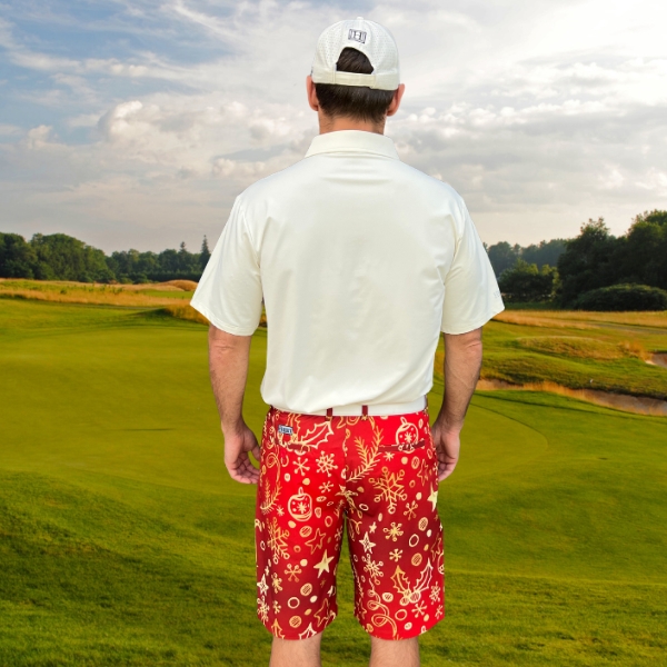 Golden Christmas Ornaments on Red Background Golf Shorts - Hreski 207 - Image 3