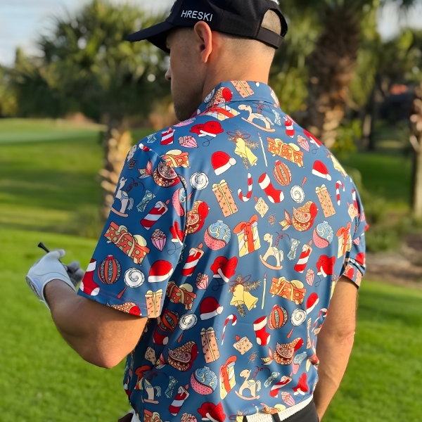 Classic Christmas Ornaments on Blue Background Golf Shirt - Hreski 208 - Image 5