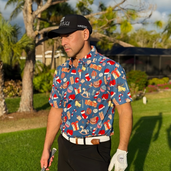 Classic Christmas Ornaments on Blue Background Golf Shirt - Hreski 208 - Image 3
