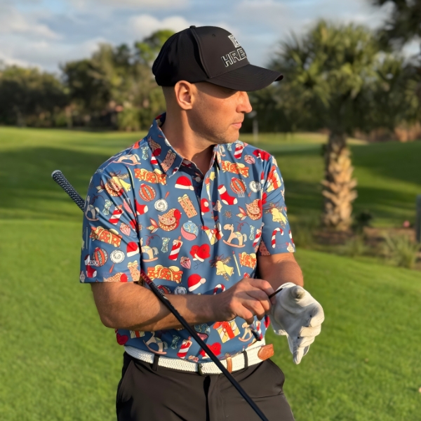 Classic Christmas Ornaments on Blue Background Golf Shirt - Hreski 208 - Image 2