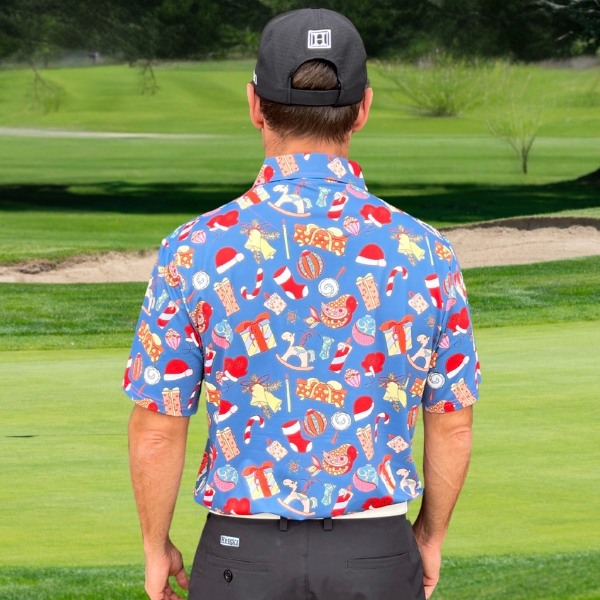 Classic Christmas Ornaments on Blue Background Golf Shirt - Hreski 208 - Image 12
