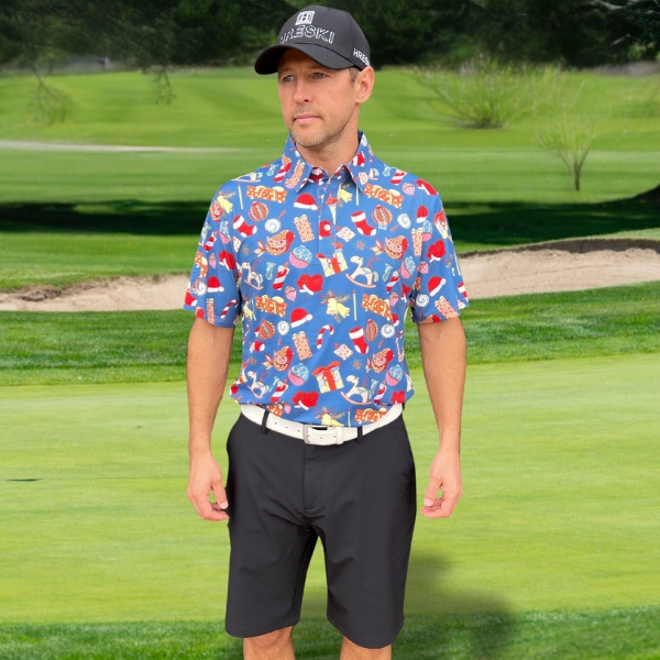 Classic Christmas Ornaments on Blue Background Golf Shirt - Hreski 208 - Image 8