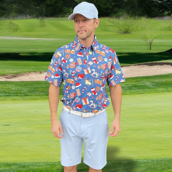 Classic Christmas Ornaments on Blue Background Golf Shirt - Hreski 208 - Image 9