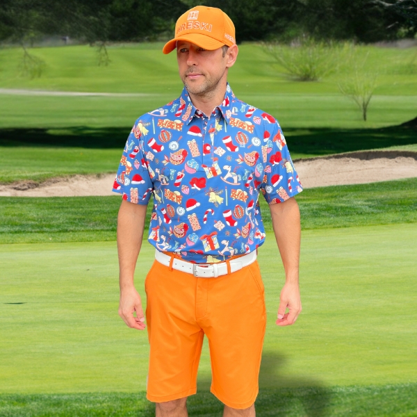 Classic Christmas Ornaments on Blue Background Golf Shirt - Hreski 208 - Image 7