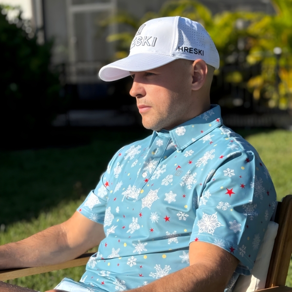 Snowflakes and Red Stars on Light Blue Background Golf Shirt - Hreski 209 - Image 2