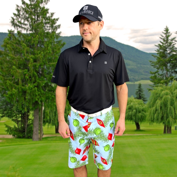 Red and Green Ornaments and Pine Needles on Light Blue Background Golf Shorts - Hreski 211 - Image 4