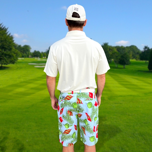 Red and Green Ornaments and Pine Needles on Light Blue Background Golf Shorts - Hreski 211 - Image 6