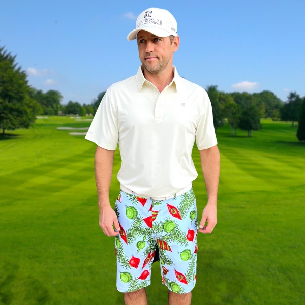 Red and Green Ornaments and Pine Needles on Light Blue Background Golf Shorts - Hreski 211 - Image 7