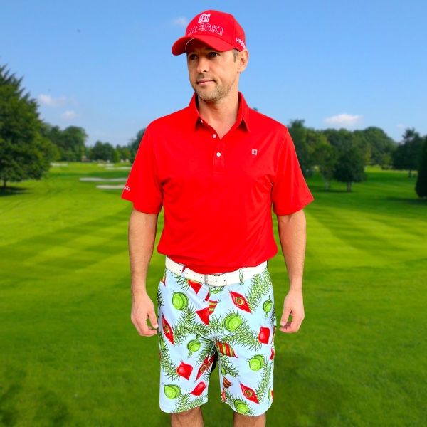 Red and Green Ornaments and Pine Needles on Light Blue Background Golf Shorts - Hreski 211 - Image 9