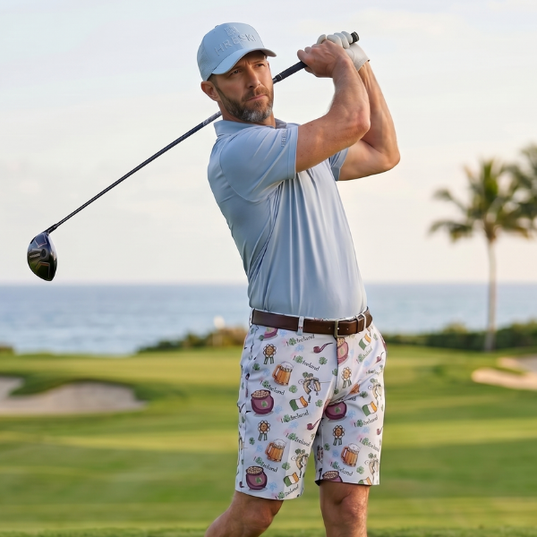 Alternative view of St. Patrick's Design with Pots of Gold, Steins, Clover, and Irish Flag on Gray Background Golf Shorts - Hreski 213