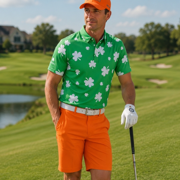 White Shamrock Leaves on Green Background Golf Shirt - Hreski 216 - Image 5