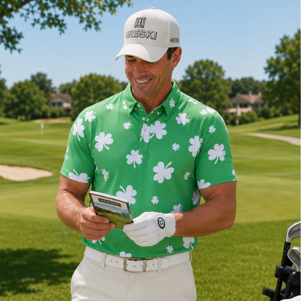 White Shamrock Leaves on Green Background Golf Shirt - Hreski 216 - Image 4