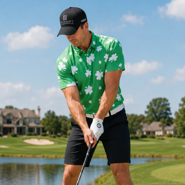 White Shamrock Leaves on Green Background Golf Shirt - Hreski 216 - Image 3