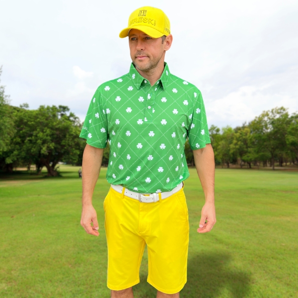 Alternative view of White Shamrocks Inside Diamond Squares on Green Background Golf Shirt - Hreski 217