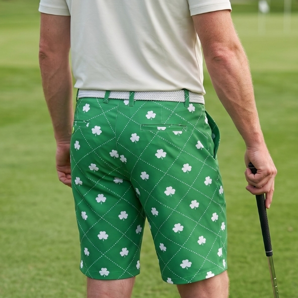White Shamrocks Inside Diamond Squares on Green Background Golf Shorts - Hreski 217 - Image 7