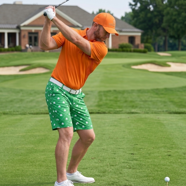 White Shamrocks Inside Diamond Squares on Green Background Golf Shorts - Hreski 217 - Image 2