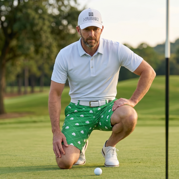 Alternative view of White Shamrocks Inside Diamond Squares on Green Background Golf Shorts - Hreski 217