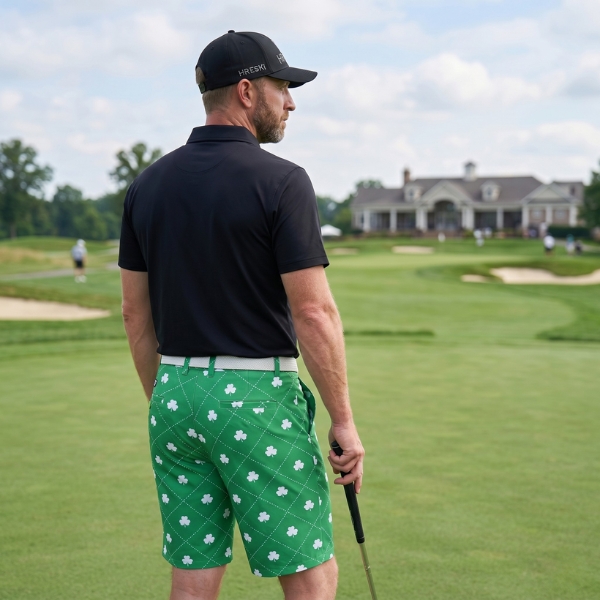 White Shamrocks Inside Diamond Squares on Green Background Golf Shorts - Hreski 217 - Image 3