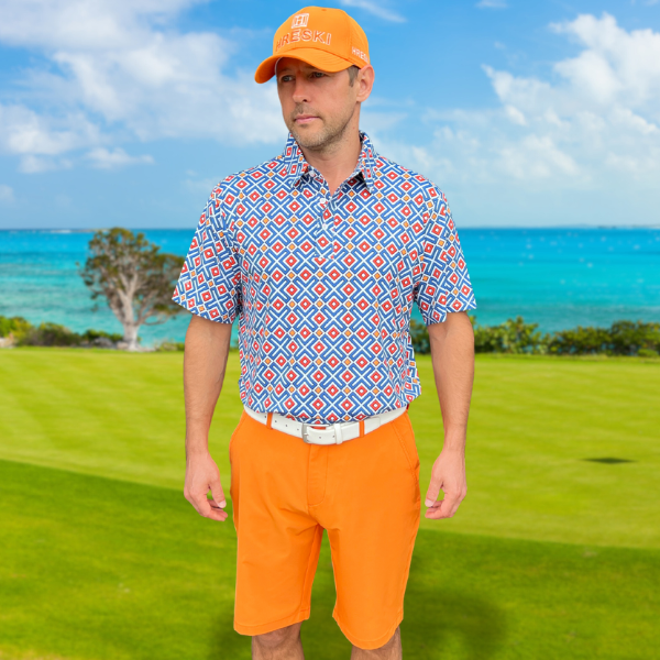 Alternative view of White and Blue Crosses with Orange and Yellow Diagonal Squares Golf Shirt - Hreski 224