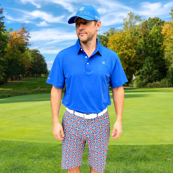 Alternative view of White and Blue Crosses with Orange and Yellow Diagonal Squares Golf Shorts - Hreski 224