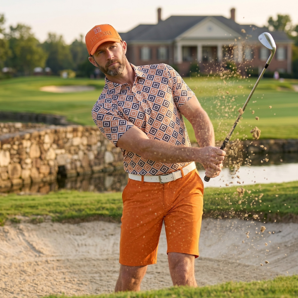 Black and Orange Diagonal Squares on Creamy Background Golf Shirt - Hreski 225 - Image 2