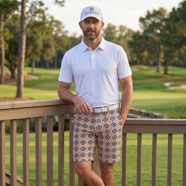 Alternative view of Black and Orange Diagonal Squares on Creamy Background Golf Shorts - Hreski 225
