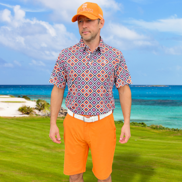 Alternative view of White, Purple, and Orange Diagonal Squares on Black Background Golf Shirt - Hreski 227