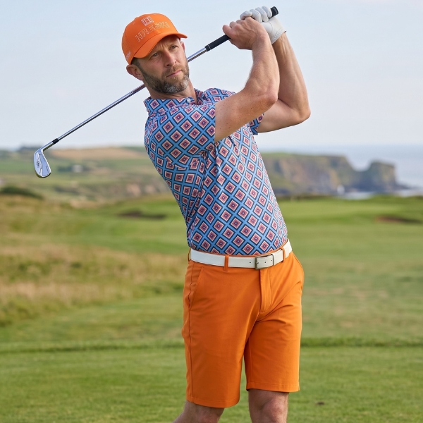 Black, Yellow, and Red Diagonal Squares on Bright Blue Background Golf Shirt - Hreski 228 - Image 5