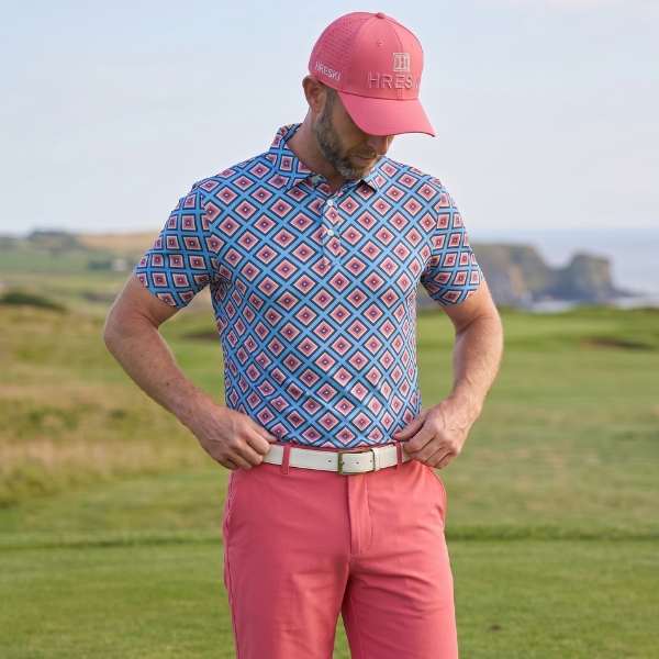 Black, Yellow, and Red Diagonal Squares on Bright Blue Background Golf Shirt - Hreski 228 - Image 3
