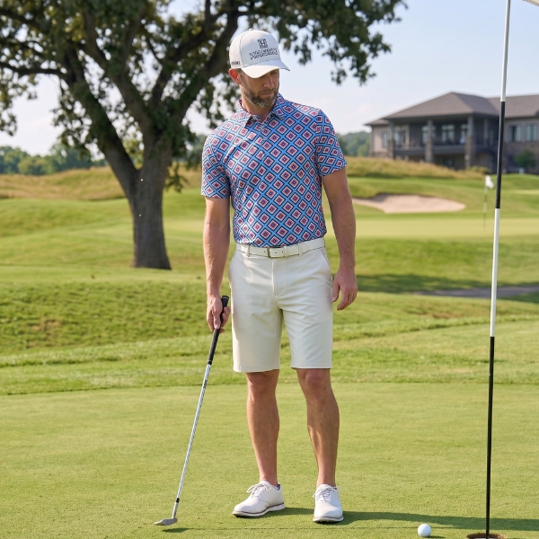 Black, Yellow, and Red Diagonal Squares on Bright Blue Background Golf Shirt - Hreski 228 - Image 4