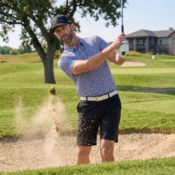 Alternative view of Black, Yellow, and Red Diagonal Squares on Bright Blue Background Golf Shirt - Hreski 228
