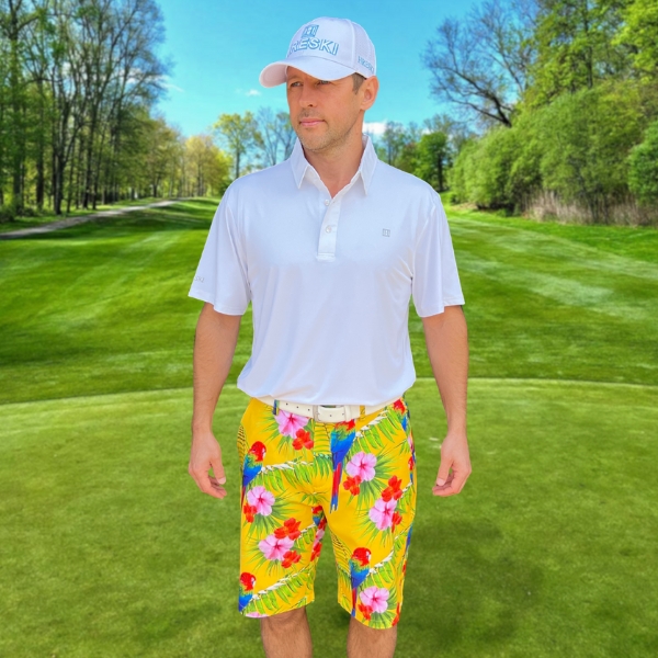 Alternative view of Parrots, Tropical Flowers, and Leaves on Yellow Background Golf Shorts - Hreski 231