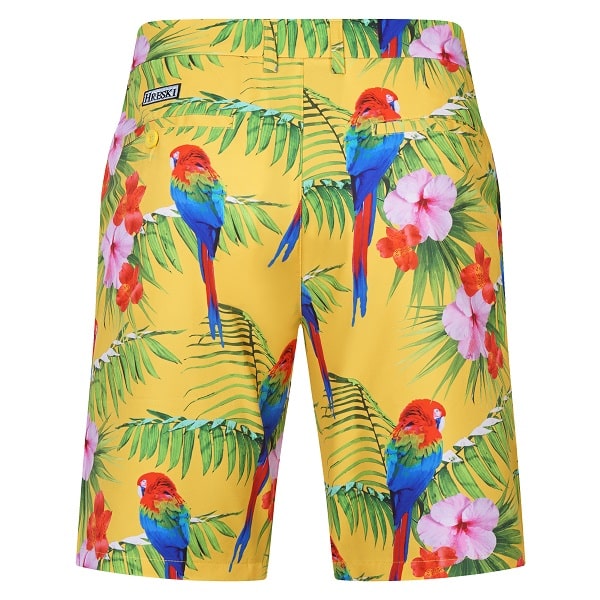 Parrots, Tropical Flowers, and Leaves on Yellow Background Golf Shorts ...