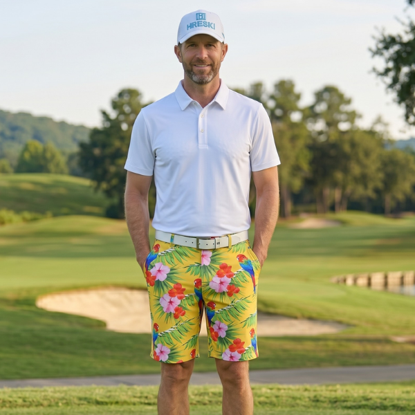 Parrots, Tropical Flowers, and Leaves on Yellow Background Golf Shorts - Hreski 231 - Image 5