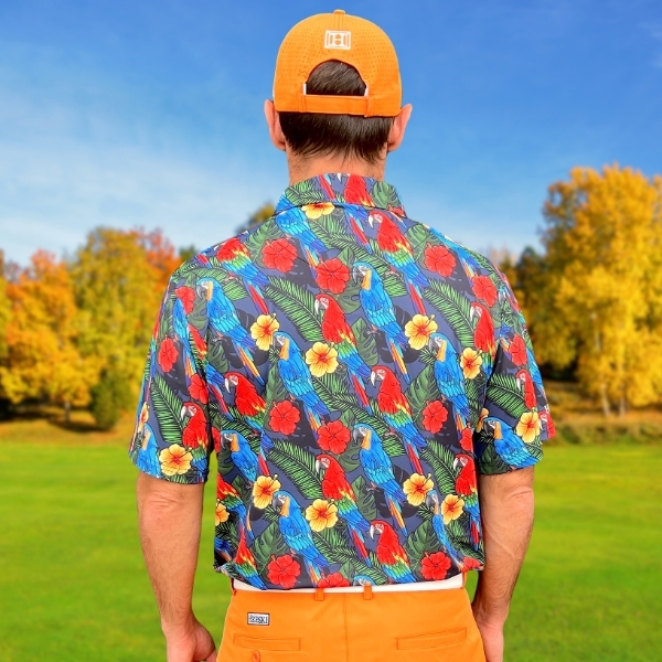 Parrots, Hibiscus Flowers, and Palm Leaves on Dark Night Background Golf Shirt - Hreski 232 - Image 7