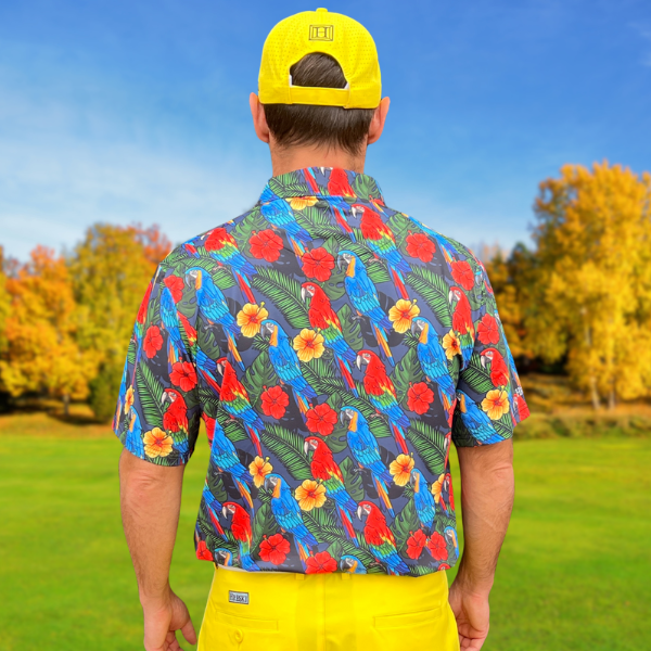 Parrots, Hibiscus Flowers, and Palm Leaves on Dark Night Background Golf Shirt - Hreski 232 - Image 10
