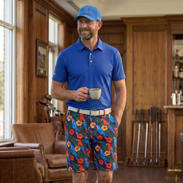 Parrots, Hibiscus Flowers, and Palm Leaves on Dark Night Background Golf Shorts - Hreski 232 - Image 2