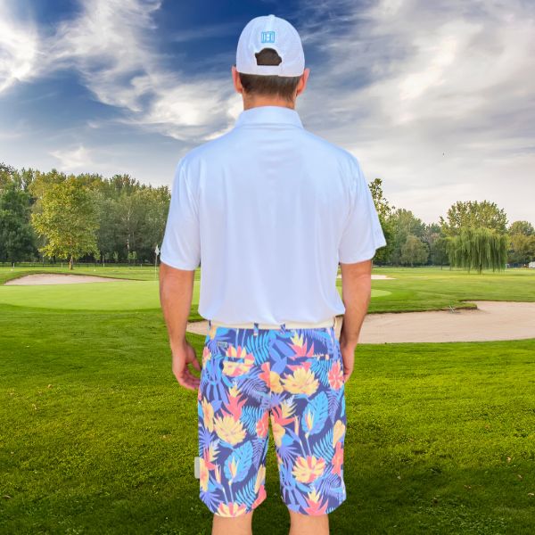 Yellow and Orange Tropical Flowers and Light Purple Palm Leaves on Dark Background Golf Shorts - Hreski 233 - Image 6