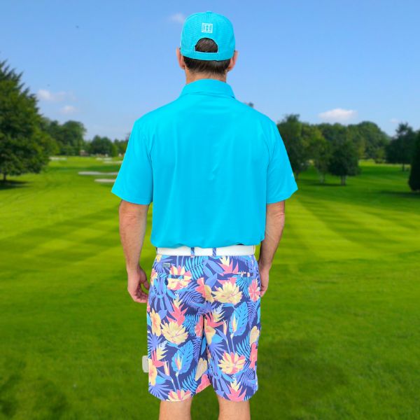 Yellow and Orange Tropical Flowers and Light Purple Palm Leaves on Dark Background Golf Shorts - Hreski 233 - Image 12