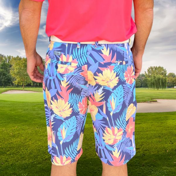 Yellow and Orange Tropical Flowers and Light Purple Palm Leaves on Dark Background Golf Shorts - Hreski 233 - Image 14